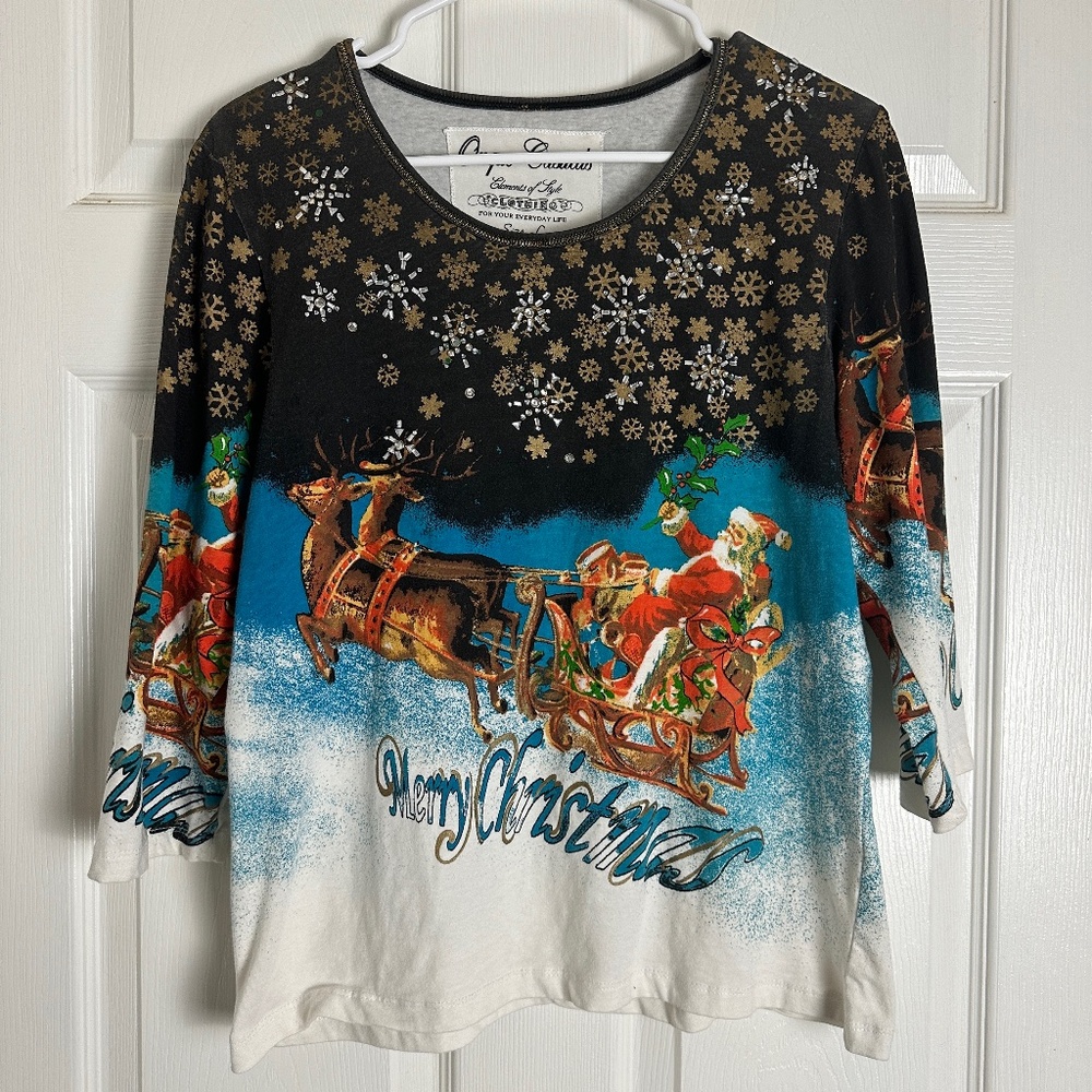 ! Onque Casuals Christmas Graphic Embellished Quarter Sleeve Top Women Size L